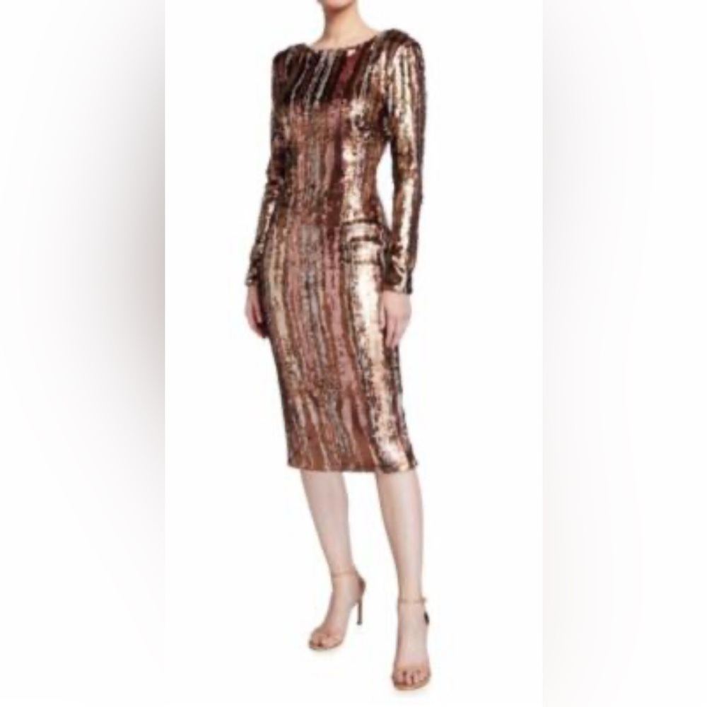 NWT Dress the Population Emery Sequin Midi Dress Matte Bronze Multi Medium - Picture 2 of 14